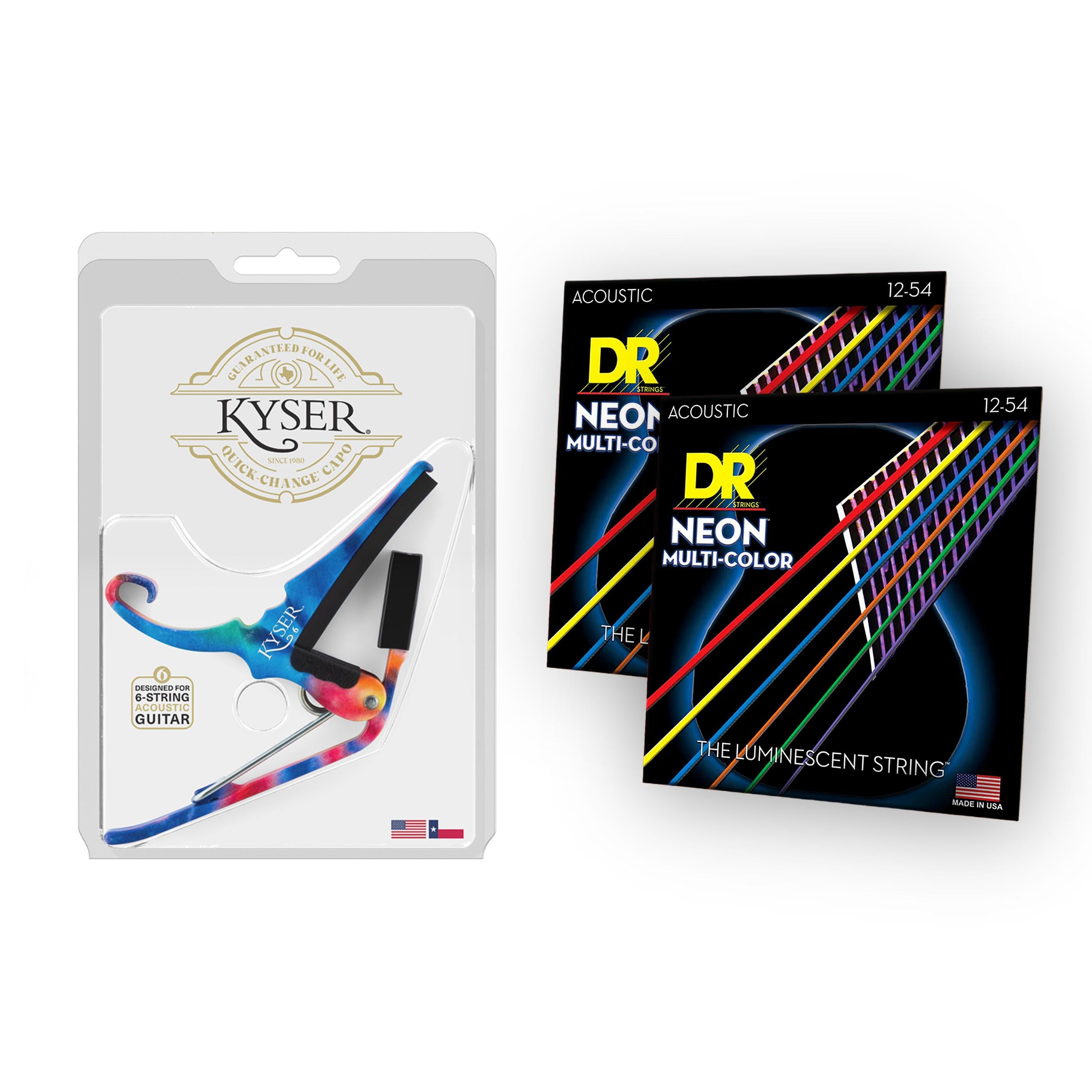 Tie Dye Capo & DR Strings Multi Color Strings Acoustic Guitar Accessories Bundle - 12-5 Medium-Light Gauge
