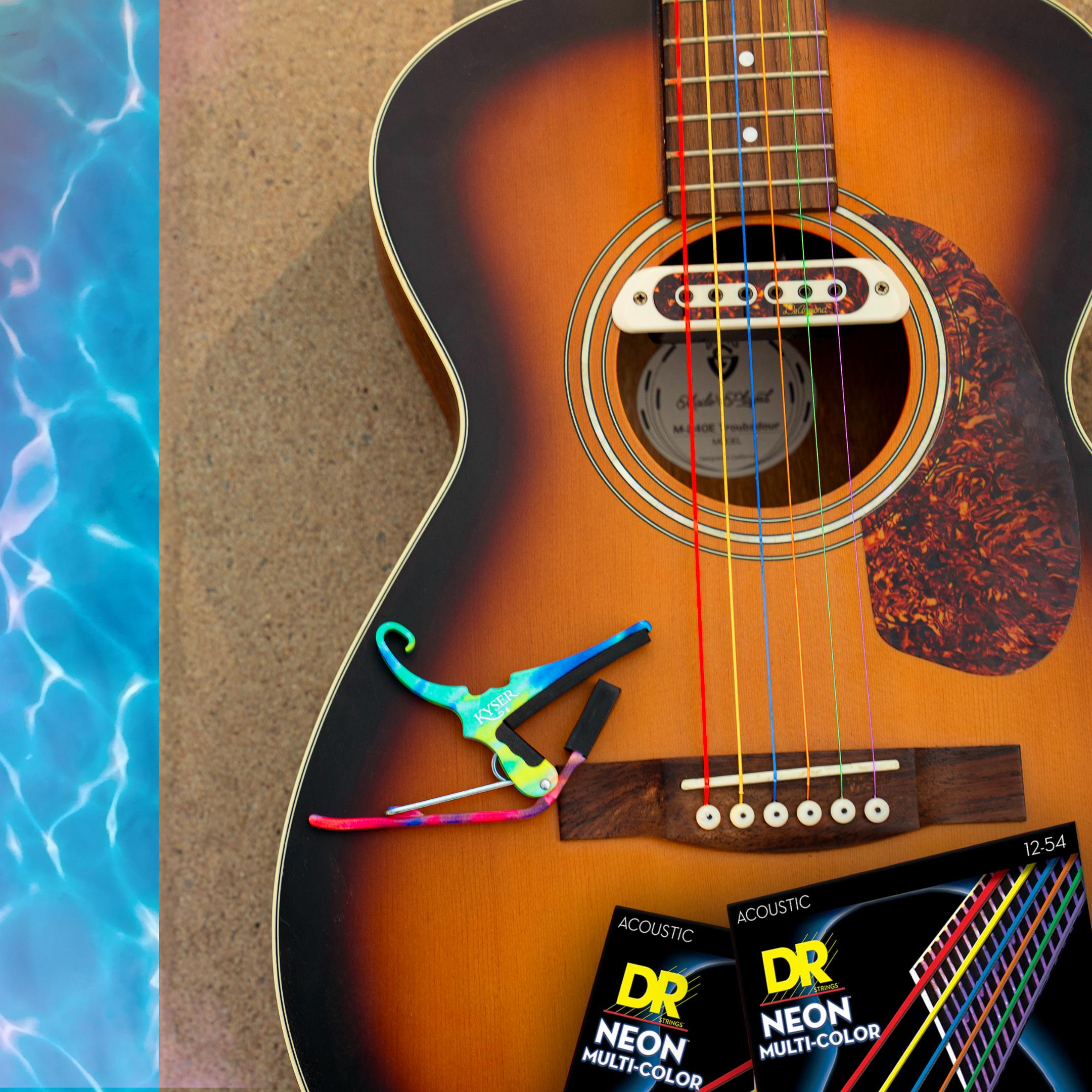 Tie Dye Capo & DR Strings Multi Color Strings Acoustic Guitar Accessories Bundle -  12-5 Medium-Light Gauge